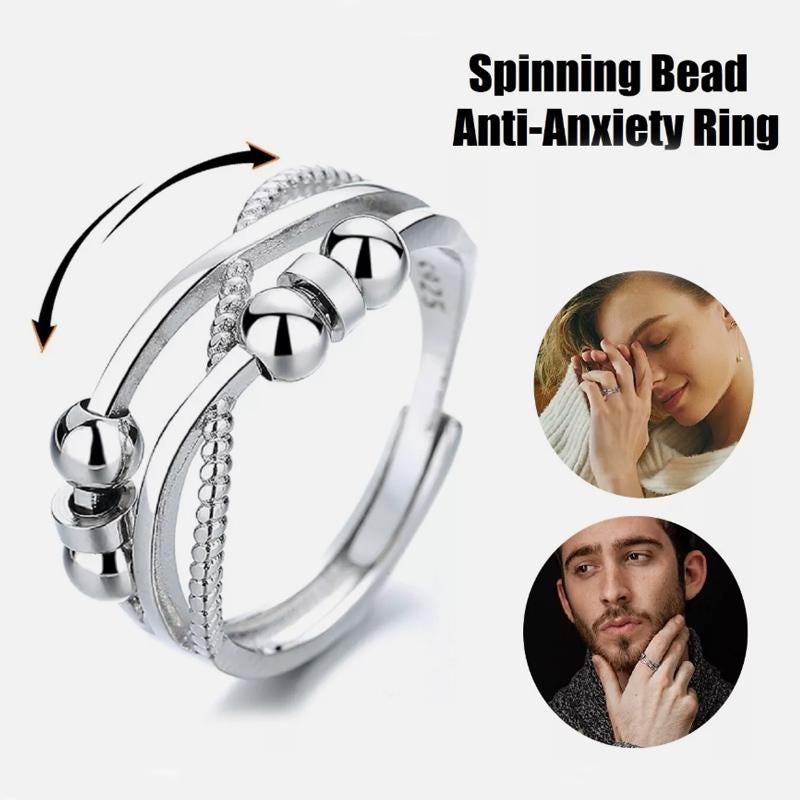 Silver Multi-Band Spinner Ring, Textured Beads, Adjustable Statement Jewelry - image 4
