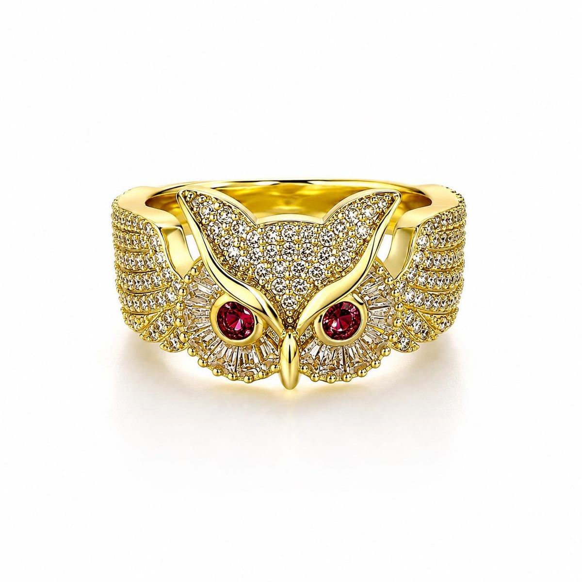 Iced Out Owl Ring, Red Zircon Eye Statement Ring, Brass Hip Hop Jewelry - image 1