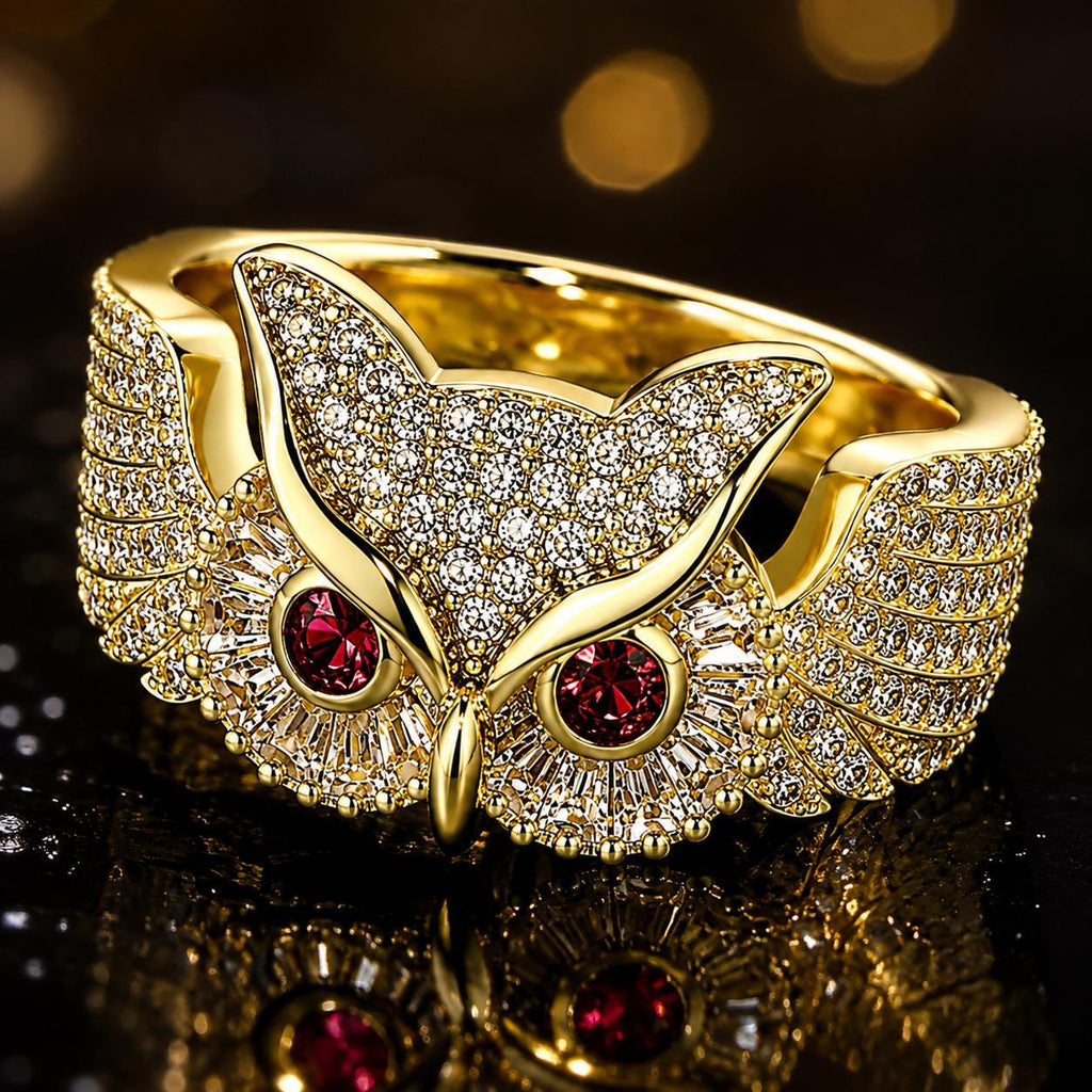 Iced Out Owl Ring, Red Zircon Eye Statement Ring, Brass Hip Hop Jewelry - image 5
