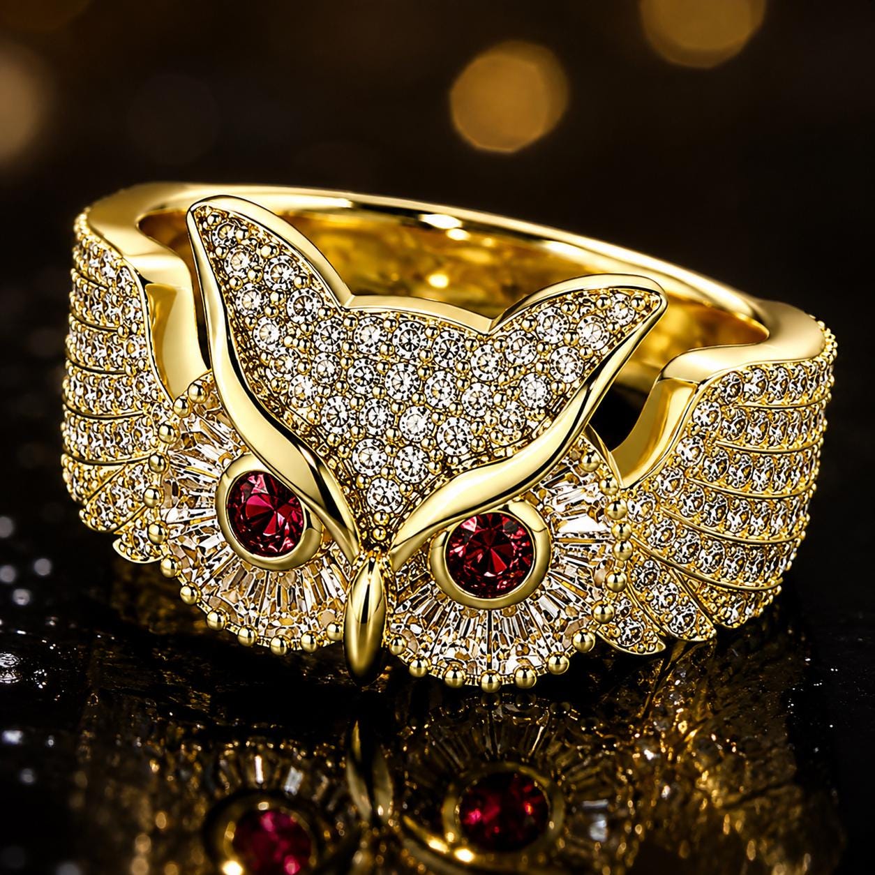 Iced Out Owl Ring, Red Zircon Eye Statement Ring, Brass Hip Hop Jewelry - image 5