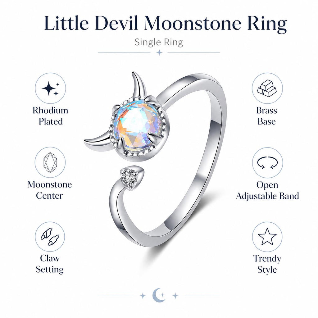 Devil Horn Ring, Iridescent Rainbow Stone, Rhodium Plated Brass, Adjustable Statement Ring - image 4