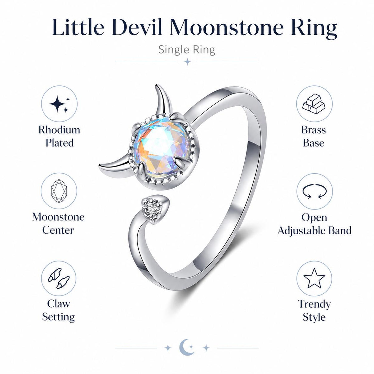 Devil Horn Ring, Iridescent Rainbow Stone, Rhodium Plated Brass, Adjustable Statement Ring - image 4