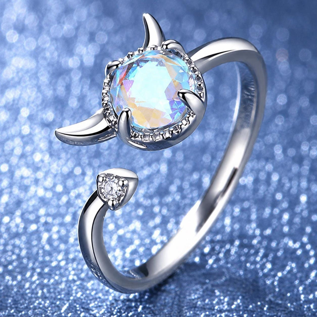 Devil Horn Ring, Iridescent Rainbow Stone, Rhodium Plated Brass, Adjustable Statement Ring - image 5