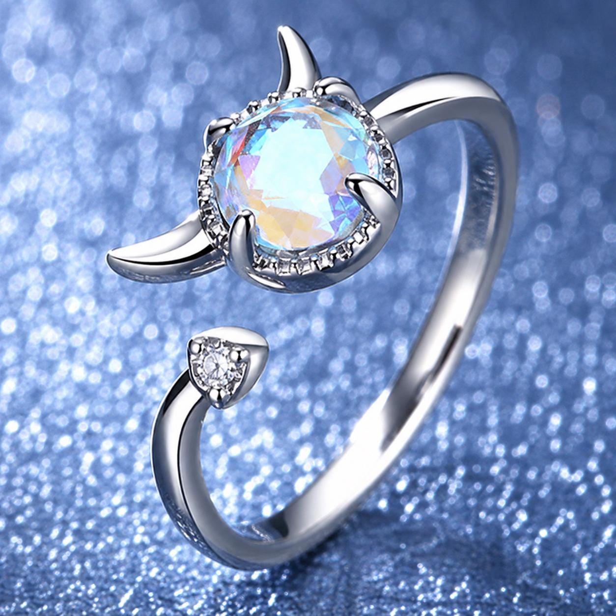 Devil Horn Ring, Iridescent Rainbow Stone, Rhodium Plated Brass, Adjustable Statement Ring - image 5