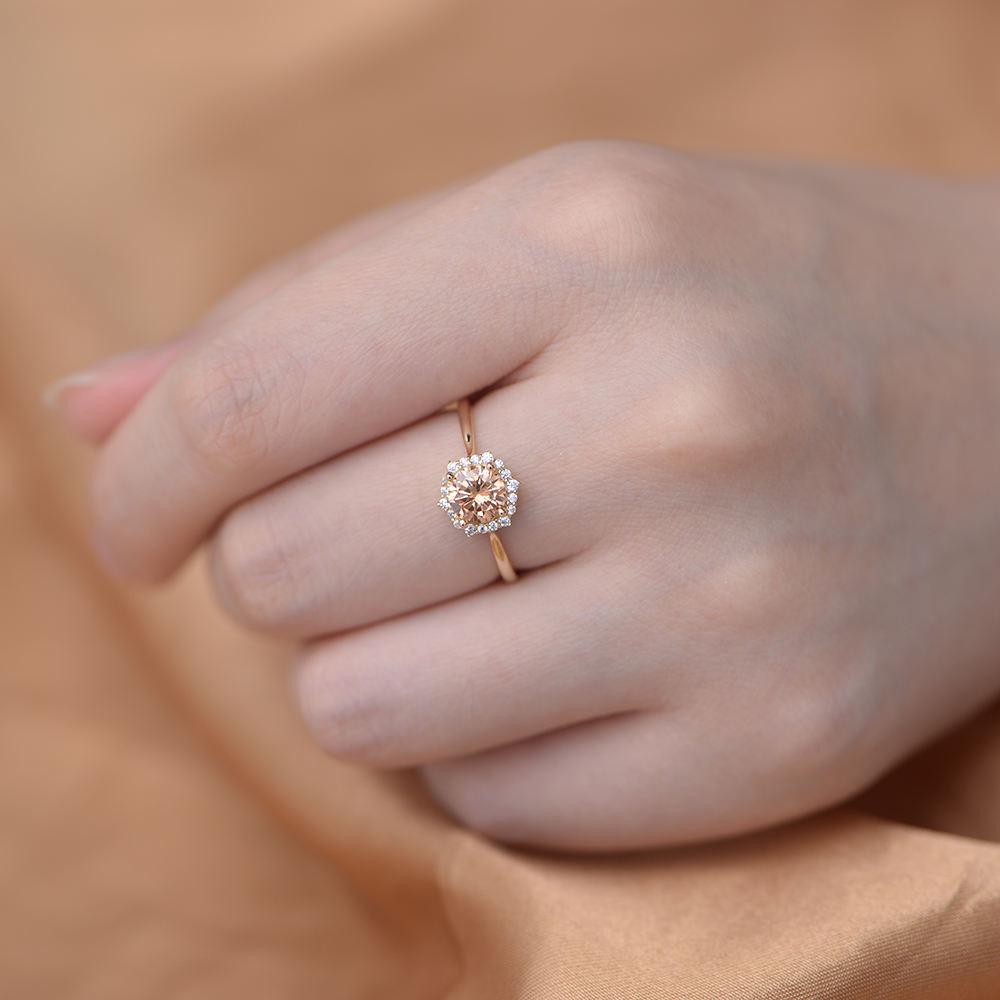 Orange Zircon Halo Ring, Gold Plated Silver, Round Brilliant Cut Wedding Band - image 3