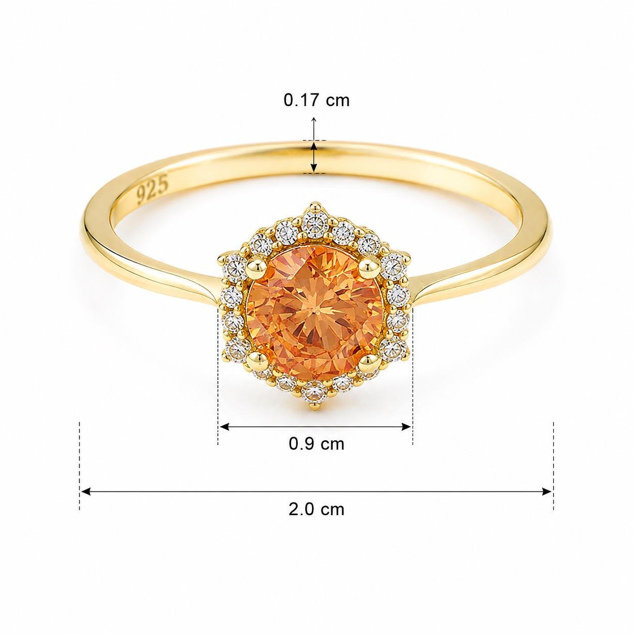 Orange Zircon Halo Ring, Gold Plated Silver, Round Brilliant Cut Wedding Band - image 2