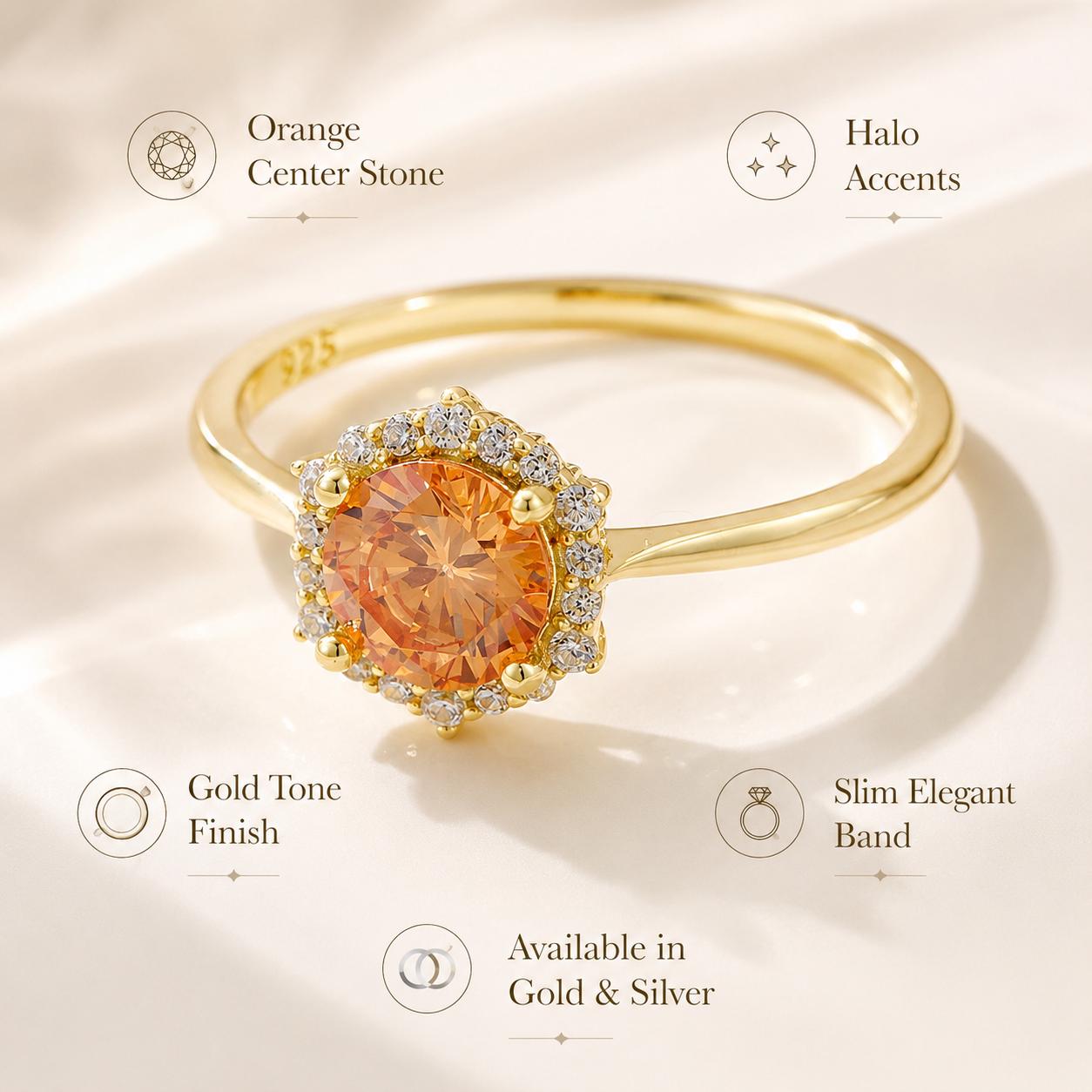 Orange Zircon Halo Ring, Gold Plated Silver, Round Brilliant Cut Wedding Band - image 4