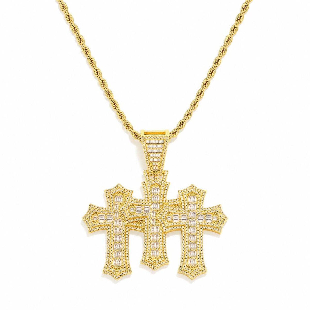 18K Gold Plated Triple Cross Pendant Necklace, Iced-Out Zircon T-Bar Chain for Men - image 1