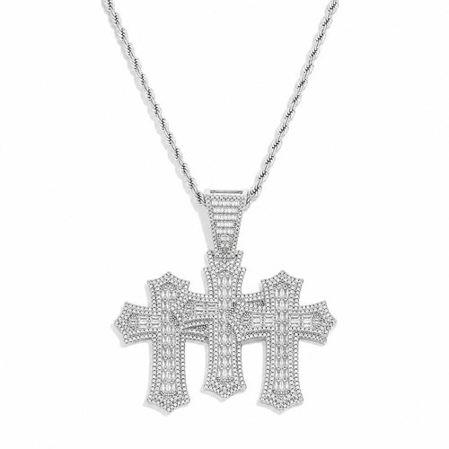 18K Gold Plated Triple Cross Pendant Necklace, Iced-Out Zircon T-Bar Chain for Men - image 2