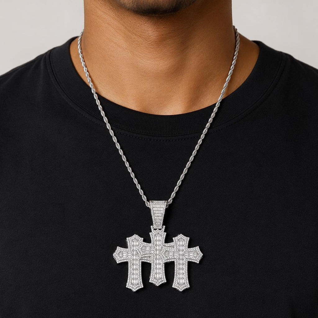 18K Gold Plated Triple Cross Pendant Necklace, Iced-Out Zircon T-Bar Chain for Men - image 7