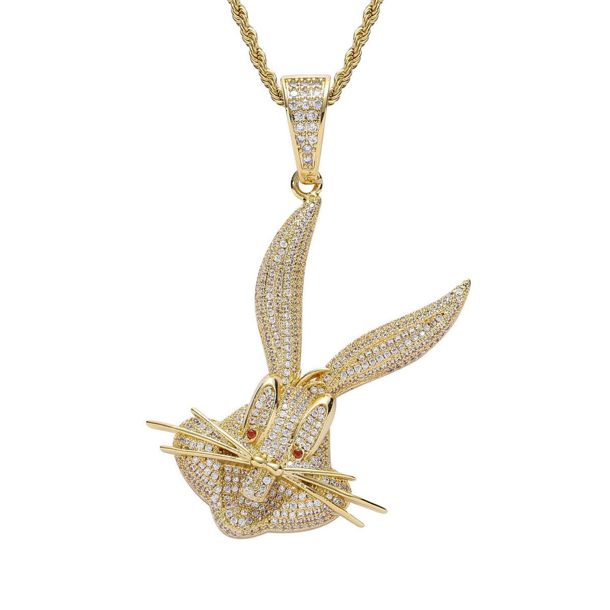 Iced Out Cartoon Rabbit Pendant Necklace, CZ Hip Hop Rope Chain (Gold/Silver) - image 1