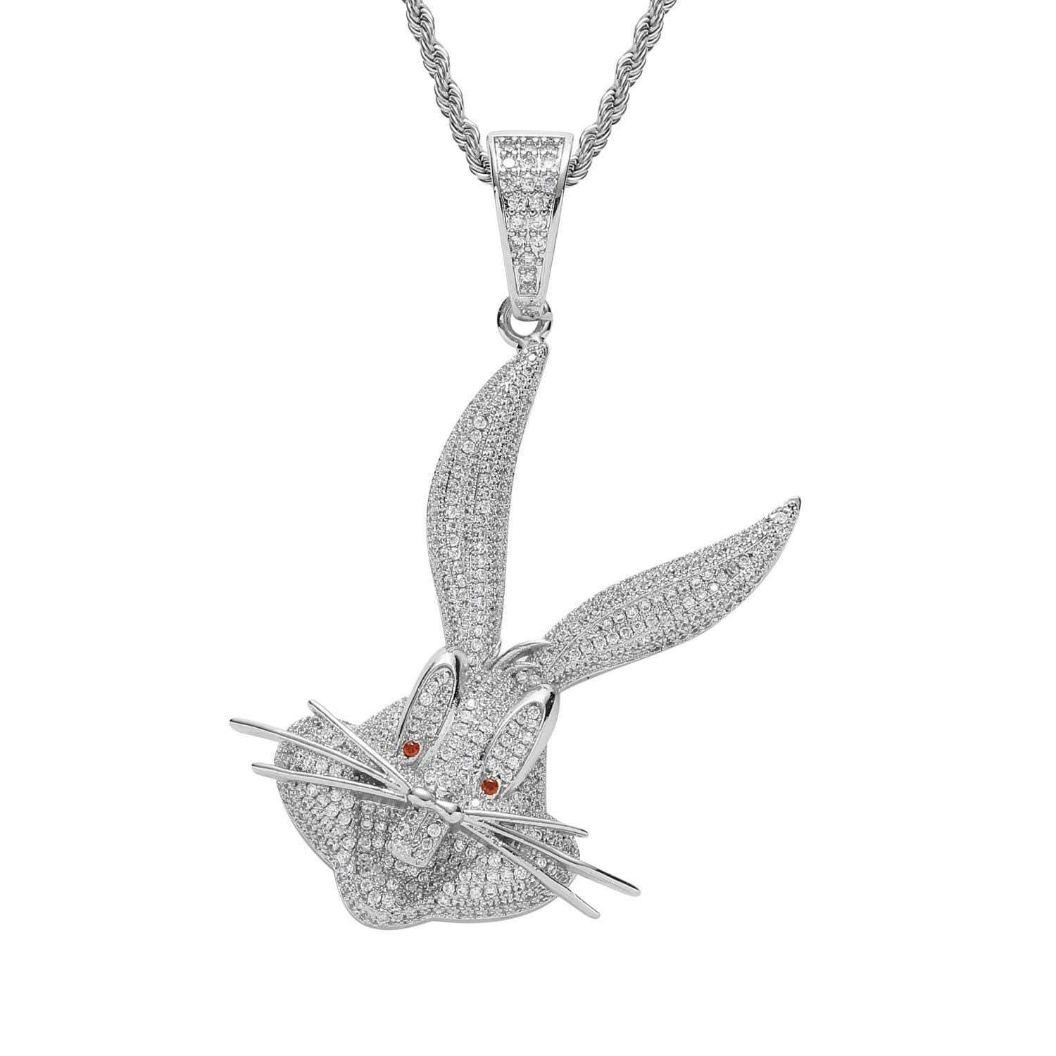Iced Out Cartoon Rabbit Pendant Necklace, CZ Hip Hop Rope Chain (Gold/Silver) - image 2