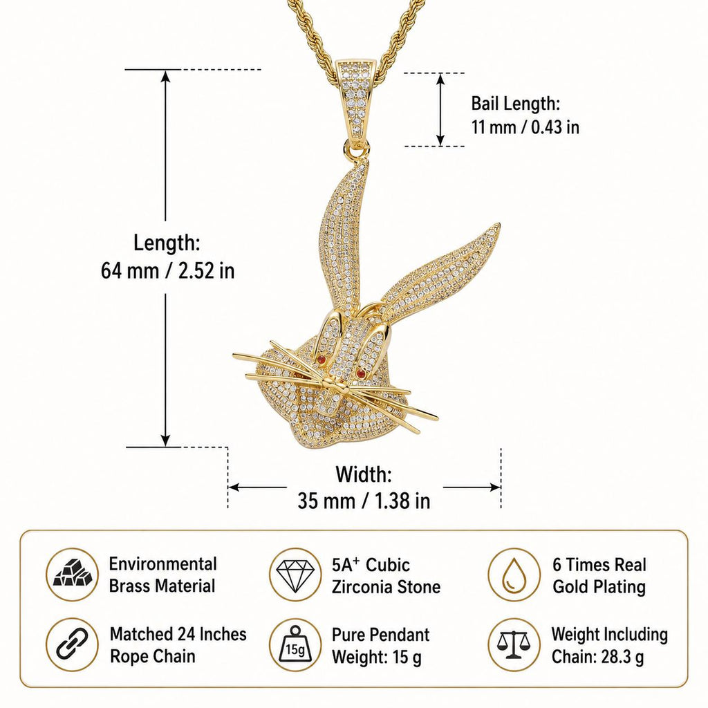 Iced Out Cartoon Rabbit Pendant Necklace, CZ Hip Hop Rope Chain (Gold/Silver) - image 3