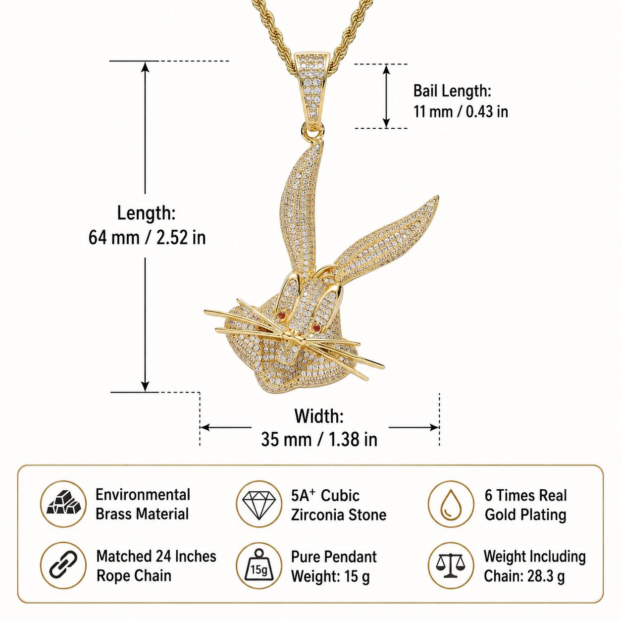 Iced Out Cartoon Rabbit Pendant Necklace, CZ Hip Hop Rope Chain (Gold/Silver) - image 3