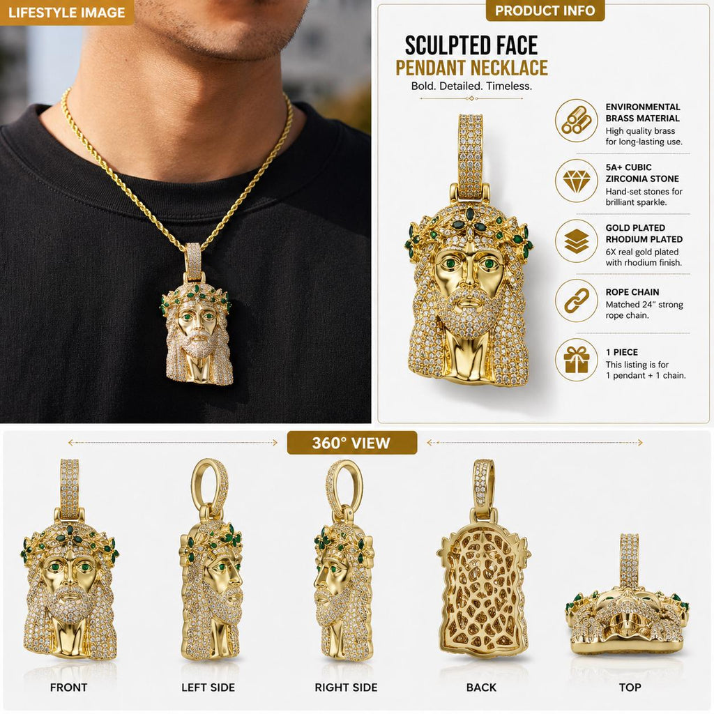 Sculpted Face Cross Iced Out Zircon 3D Portrait Hip Hop Rope Chain Necklace - image 5