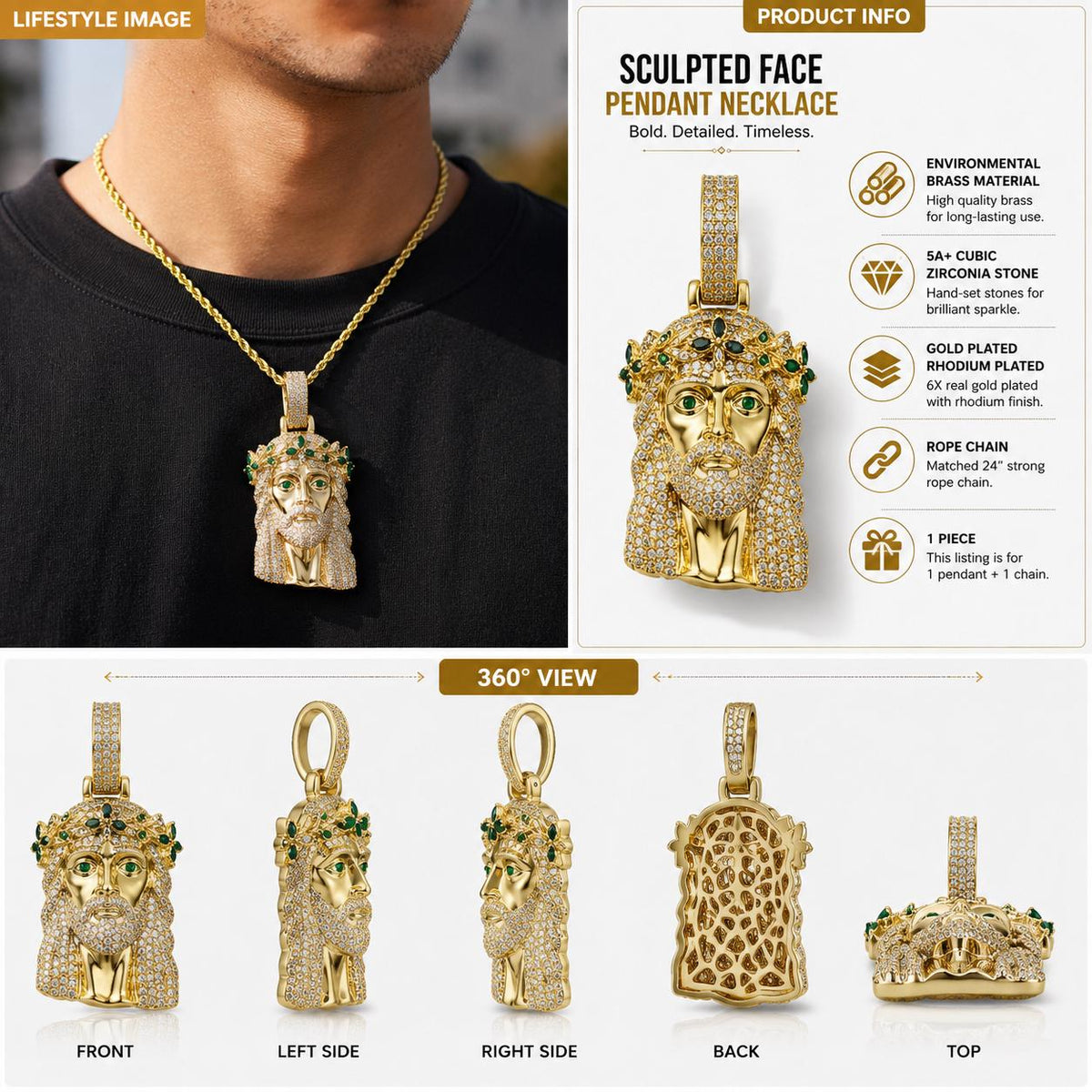 Sculpted Face Cross Iced Out Zircon 3D Portrait Hip Hop Rope Chain Necklace - image 5