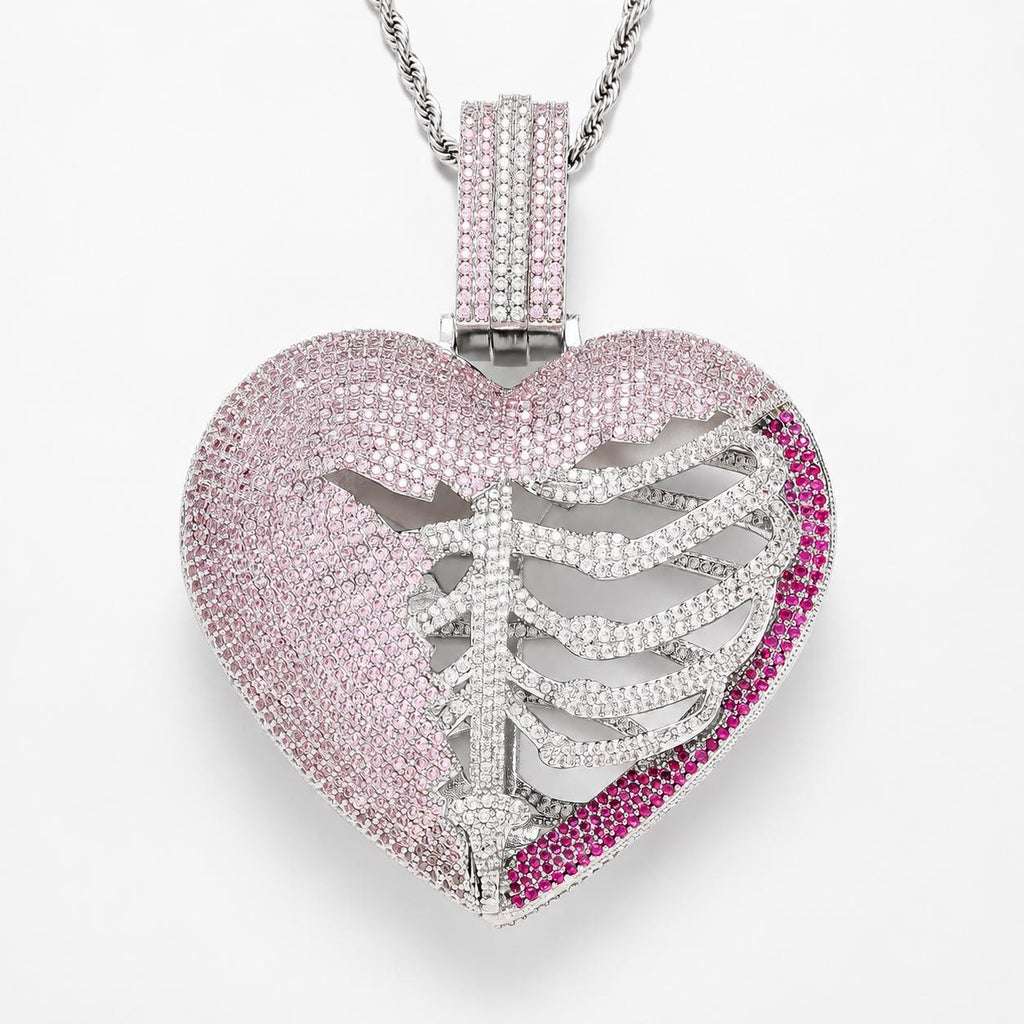 Iced Out Skeleton Heart Pendant Necklace, 5A+ CZ, Pink Accents, 24" Rope Chain - image 1
