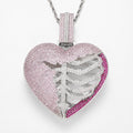 Iced Out Skeleton Heart Pendant Necklace, 5A+ CZ, Pink Accents, 24" Rope Chain - image 1