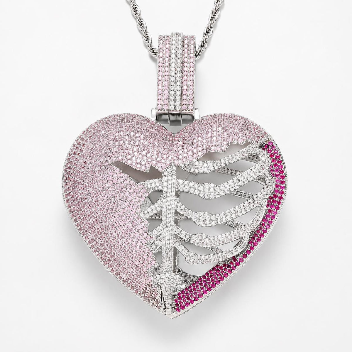 Iced Out Skeleton Heart Pendant Necklace, 5A+ CZ, Pink Accents, 24" Rope Chain - image 1