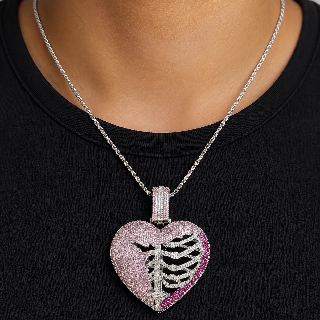 Iced Out Skeleton Heart Pendant Necklace, 5A+ CZ, Pink Accents, 24" Rope Chain - image 3