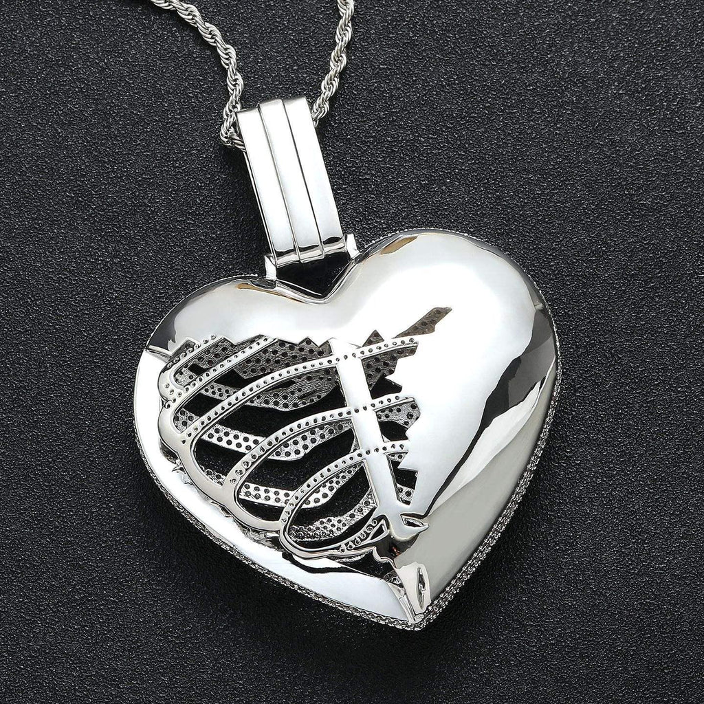 Iced Out Skeleton Heart Pendant Necklace, 5A+ CZ, Pink Accents, 24" Rope Chain - image 6
