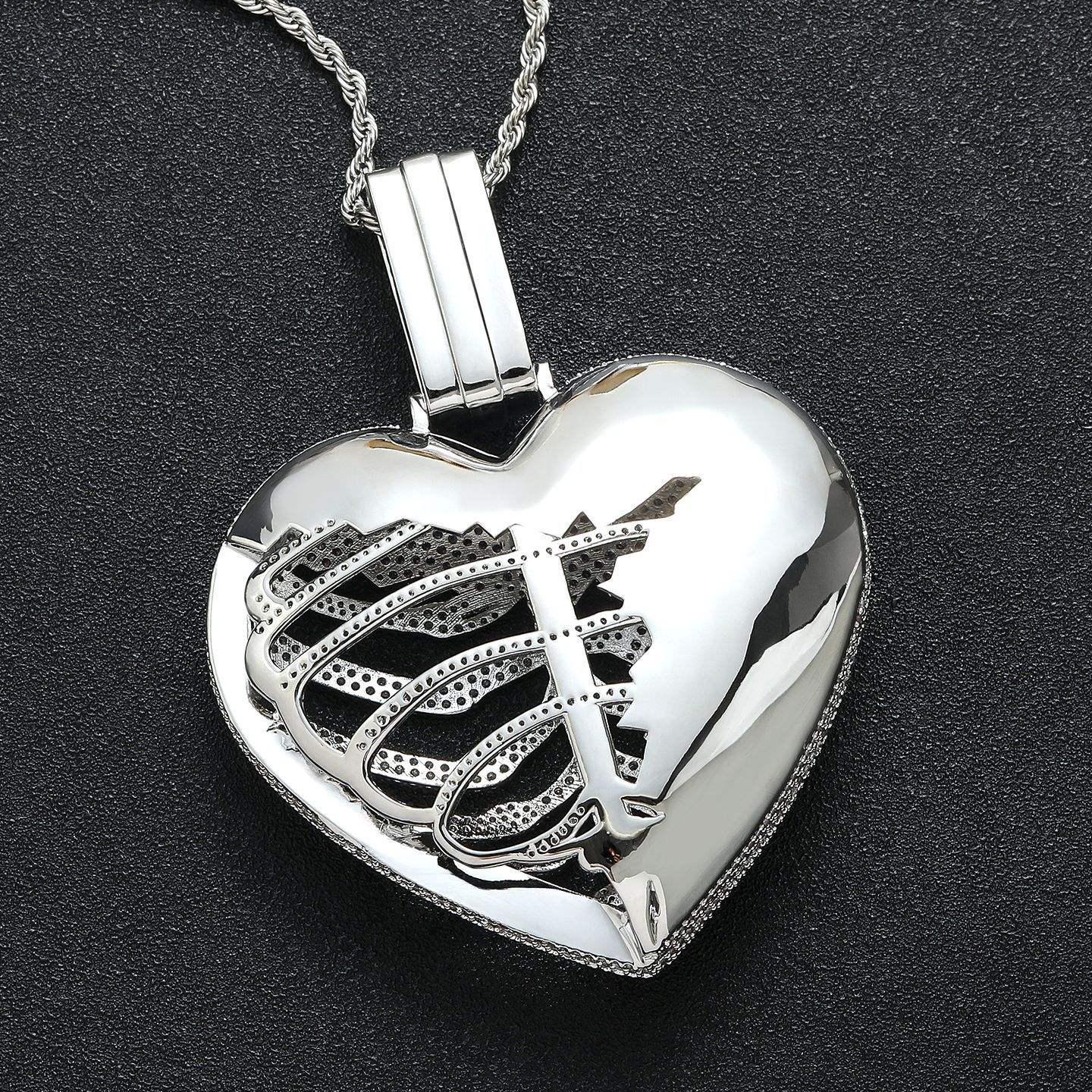 Iced Out Skeleton Heart Pendant Necklace, 5A+ CZ, Pink Accents, 24" Rope Chain - image 6