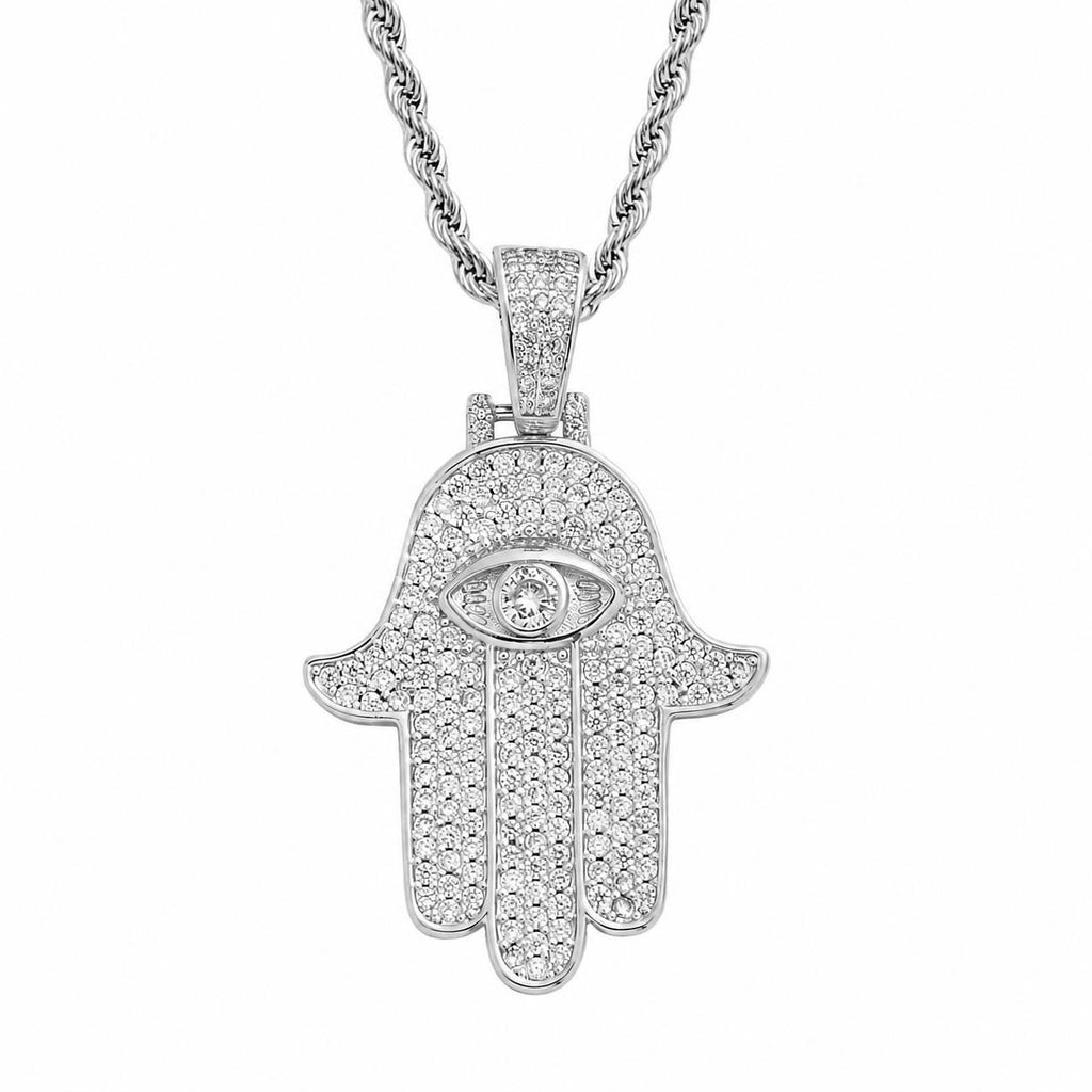 Iced Out Hamsa Hand Pendant Necklace, Evil Eye Zircon, 14K Gold Filled, 24" Chain - image 2