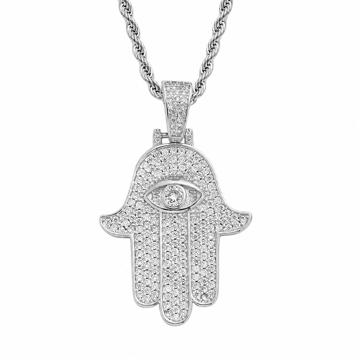 Iced Out Hamsa Hand Pendant Necklace, Evil Eye Zircon, 14K Gold Filled, 24" Chain - image 2