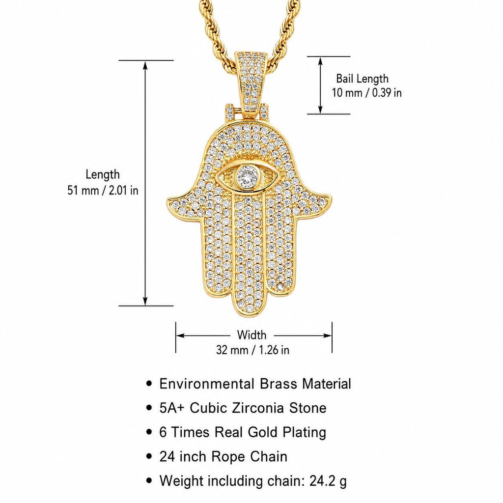 Iced Out Hamsa Hand Pendant Necklace, Evil Eye Zircon, 14K Gold Filled, 24" Chain - image 3
