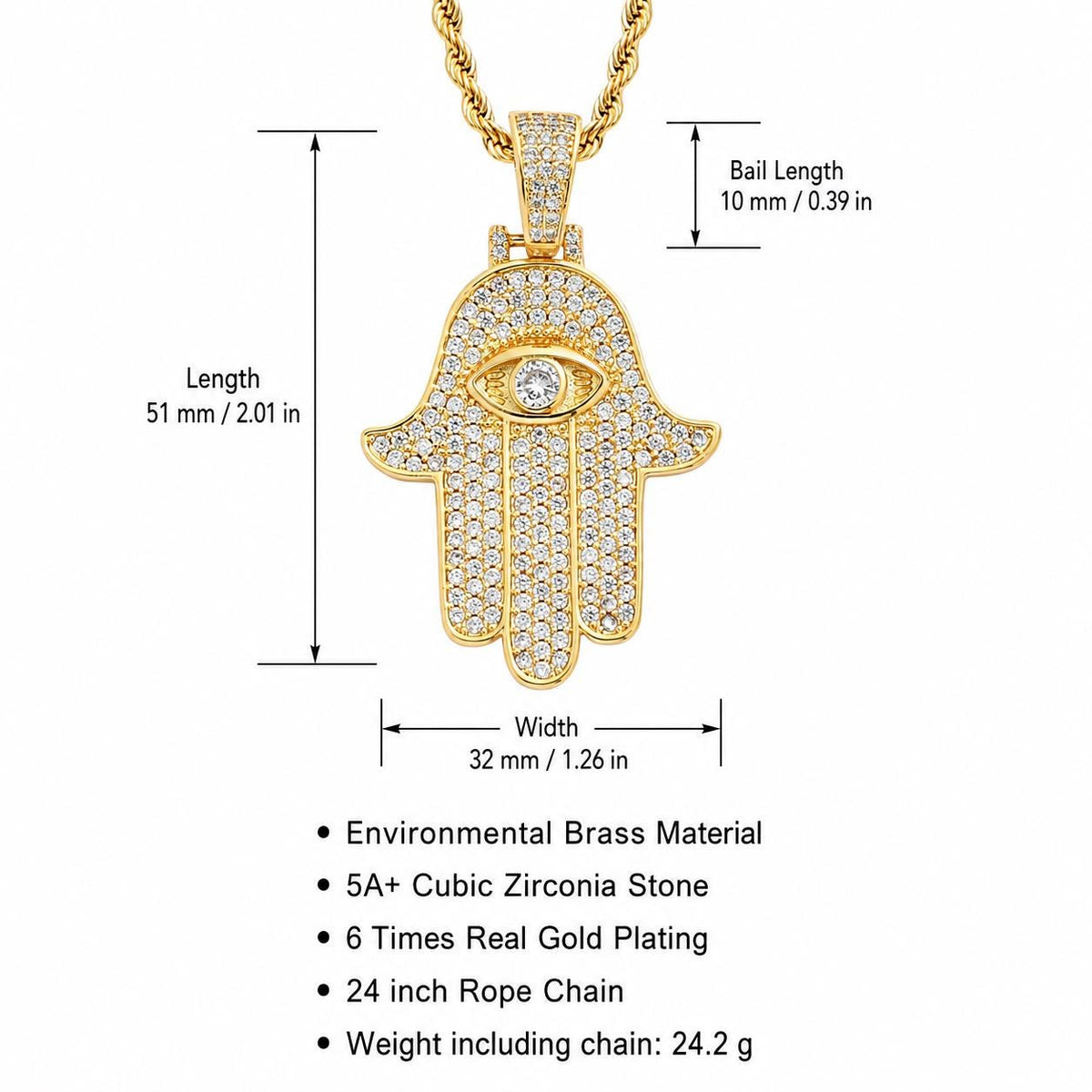 Iced Out Hamsa Hand Pendant Necklace, Evil Eye Zircon, 14K Gold Filled, 24" Chain - image 3