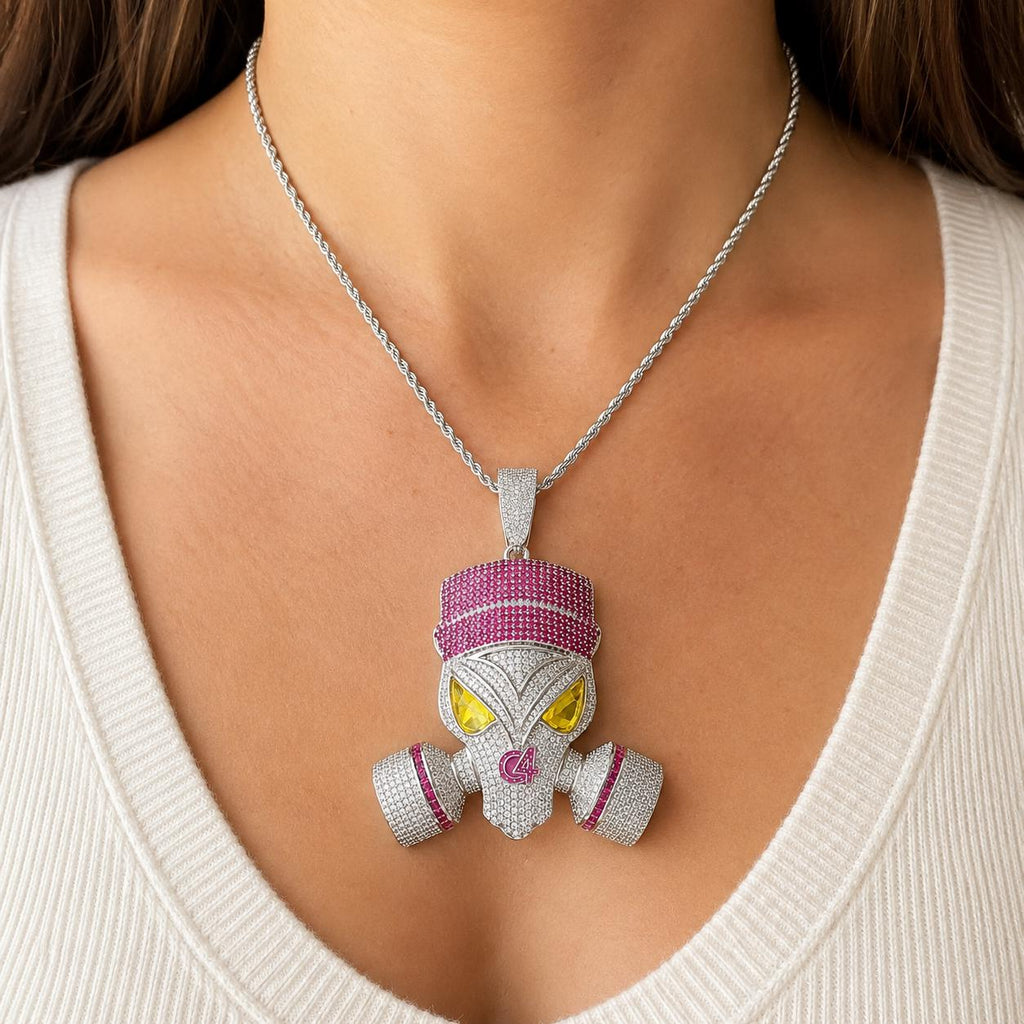 Iced Out Zircon Gas Mask Skull Pendant, Pink Stone Accents, 24" Rope Chain - image 2