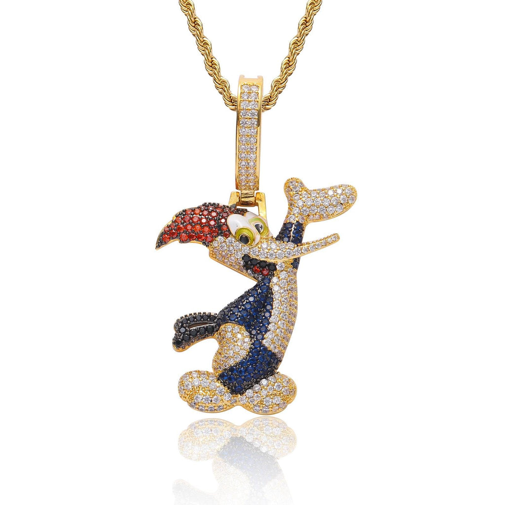 Iced Out Woodpecker Pendant Necklace, 18K Gold Plated CZ Bird, 24" Rope Chain - image 2