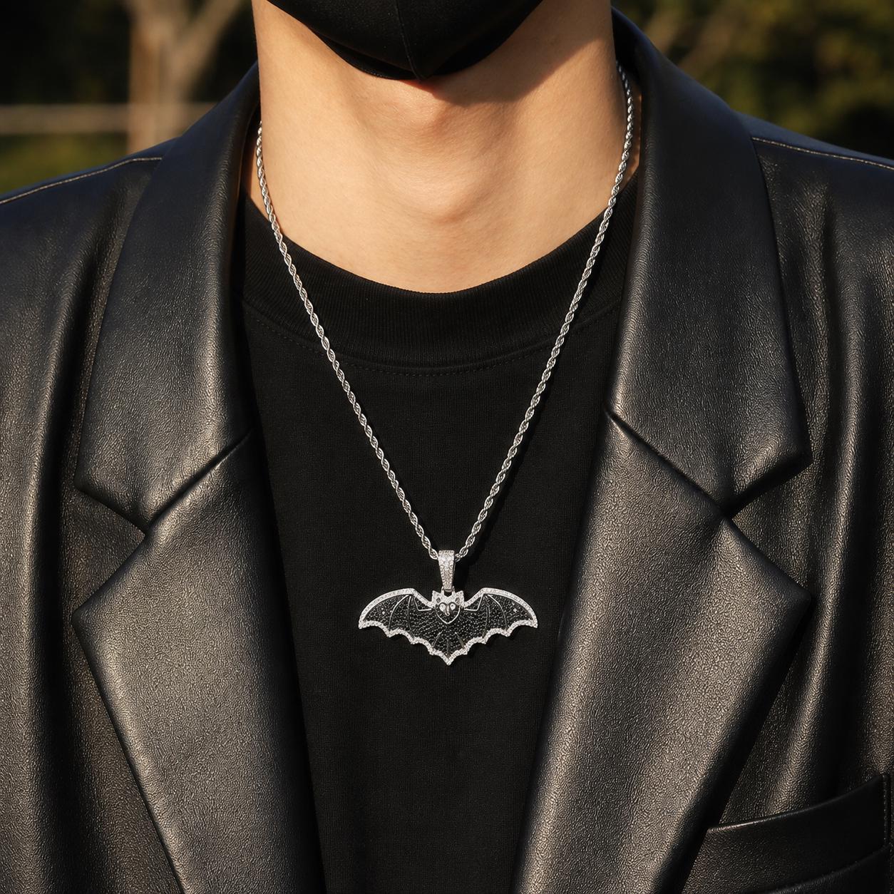 Dark Gothic Bat Pendant Necklace, Iced-Out Zircon, 24" Rope Chain - image 2