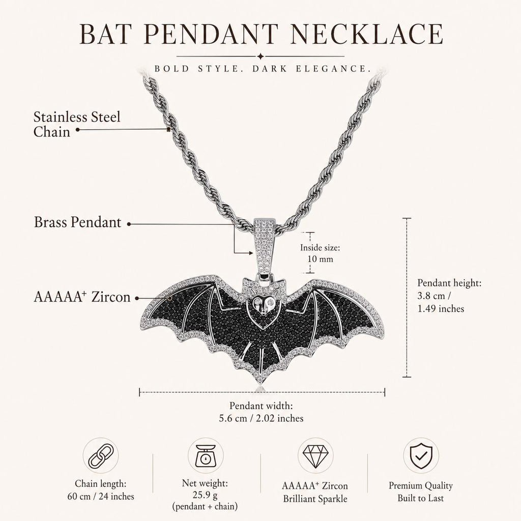 Dark Gothic Bat Pendant Necklace, Iced-Out Zircon, 24" Rope Chain - image 3