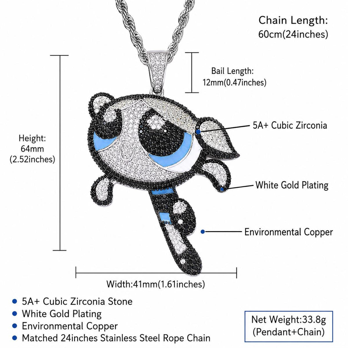 Flying Cartoon Girl Pendant Necklace, Iced Out Zircon, 24" Rope Chain (Hip Hop Style) - image 2