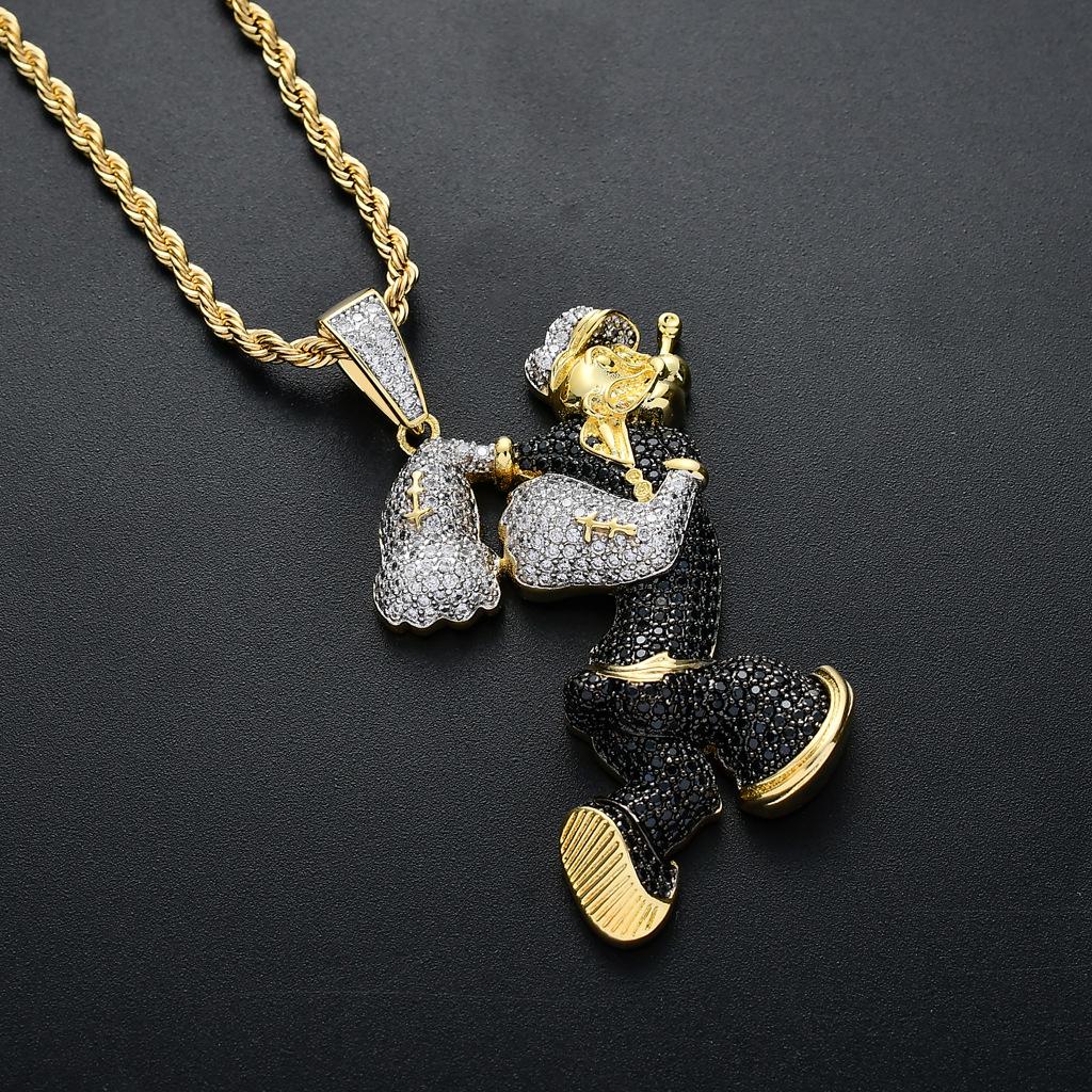 Iced Out Zircon Sailor Pendant Necklace, Gold Tone Rope Chain, Hip Hop Statement Jewelry - image 5