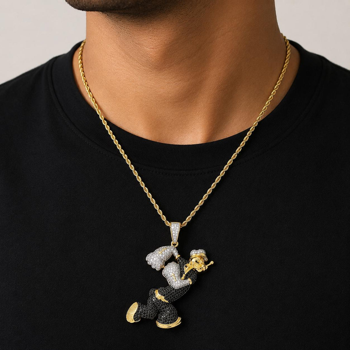 Iced Out Zircon Sailor Pendant Necklace, Gold Tone Rope Chain, Hip Hop Statement Jewelry - image 4