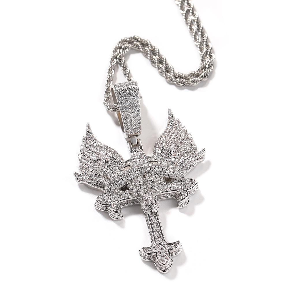 Iced Out Angel Wing Cross Pendant Necklace, 18K Gold Plated Zircon, 24" Rope Chain - image 3