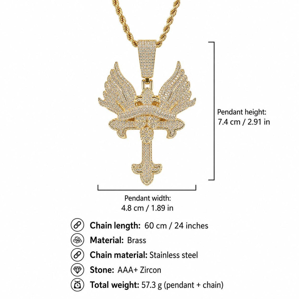 Iced Out Angel Wing Cross Pendant Necklace, 18K Gold Plated Zircon, 24" Rope Chain - image 2
