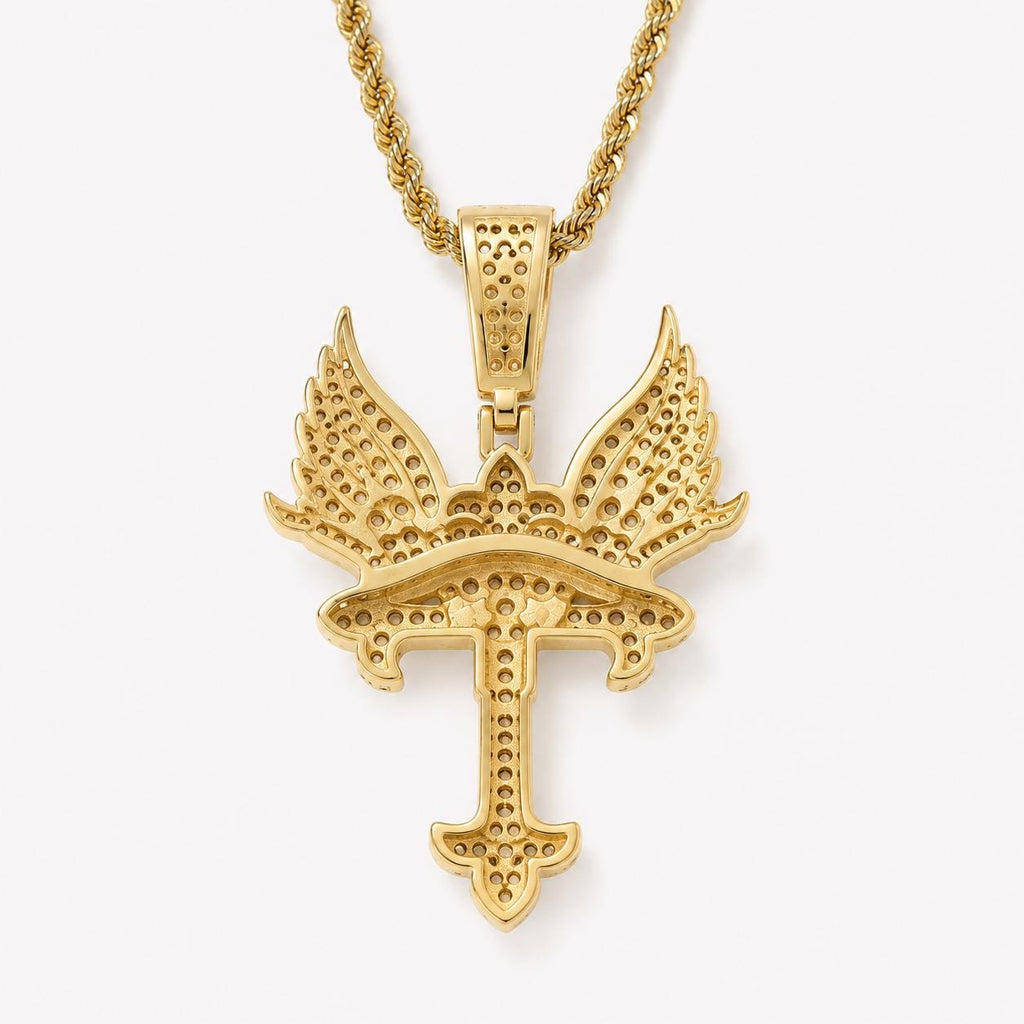 Iced Out Angel Wing Cross Pendant Necklace, 18K Gold Plated Zircon, 24" Rope Chain - image 4