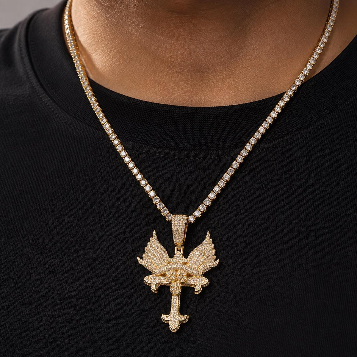 Iced Out Angel Wing Cross Pendant Necklace, 18K Gold Plated Zircon, 24" Rope Chain - image 5