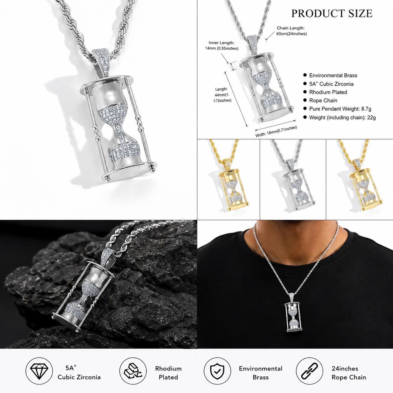 Iced Out Hourglass Pendant Necklace, 5A+ CZ Timepiece, Gold or Silver Rope Chain - image 4
