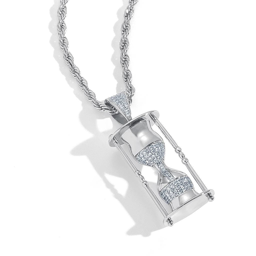 Iced Out Hourglass Pendant Necklace, 5A+ CZ Timepiece, Gold or Silver Rope Chain - image 2