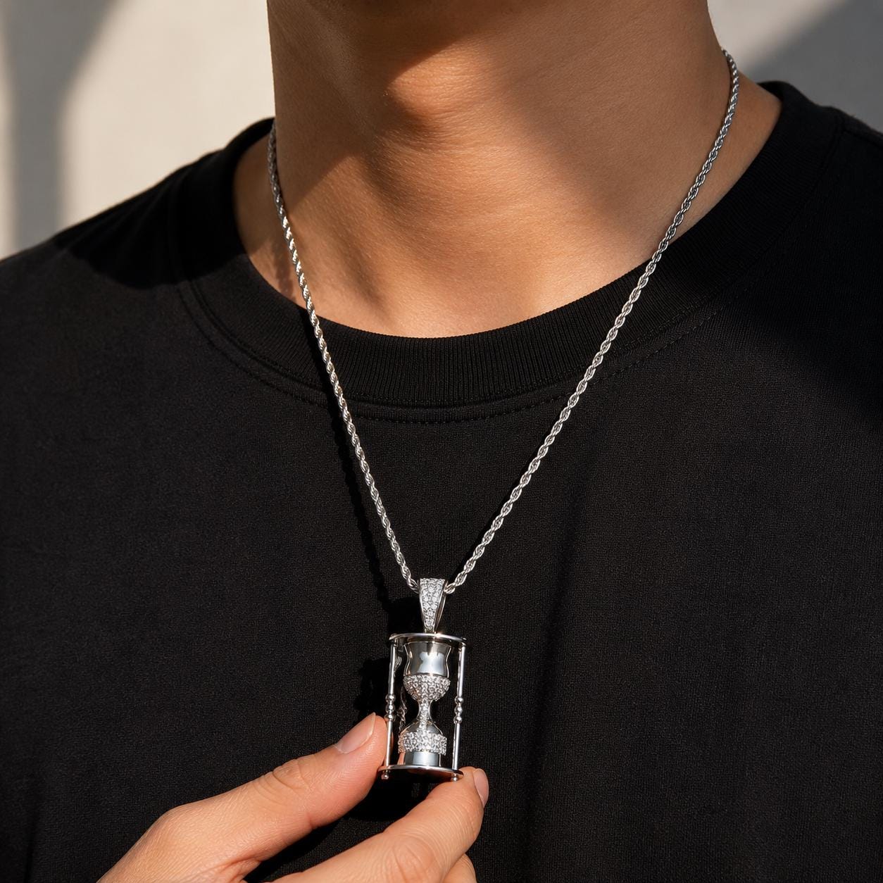 Iced Out Hourglass Pendant Necklace, 5A+ CZ Timepiece, Gold or Silver Rope Chain - image 5
