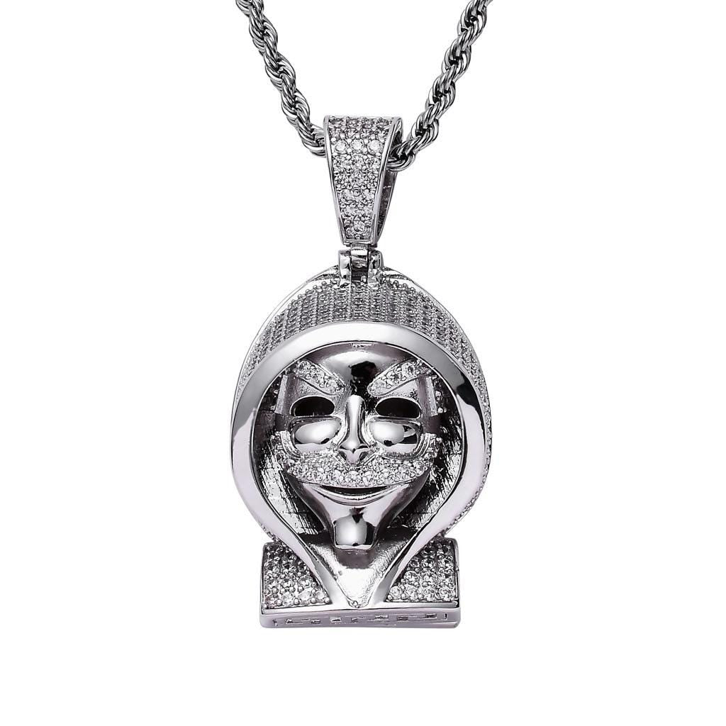 Iced Out Zircon Cloaked Skull Pendant Necklace, 18K Gold Tone, 24 Inch Rope Chain - image 2
