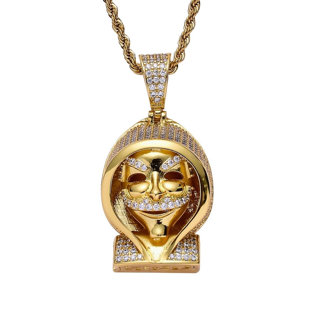 Iced Out Zircon Cloaked Skull Pendant Necklace, 18K Gold Tone, 24 Inch Rope Chain - image 1
