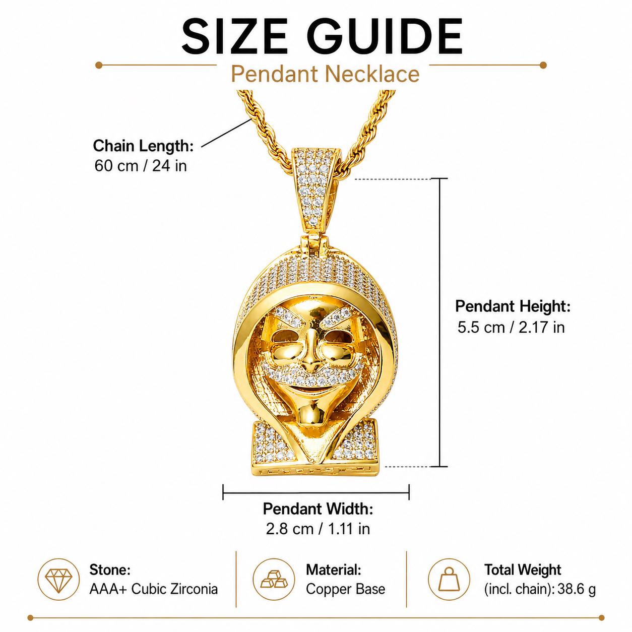 Iced Out Zircon Cloaked Skull Pendant Necklace, 18K Gold Tone, 24 Inch Rope Chain - image 3