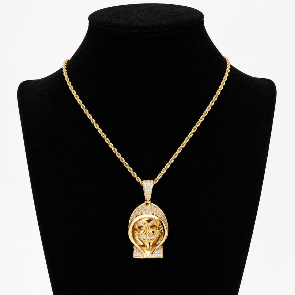 Iced Out Zircon Cloaked Skull Pendant Necklace, 18K Gold Tone, 24 Inch Rope Chain - image 5