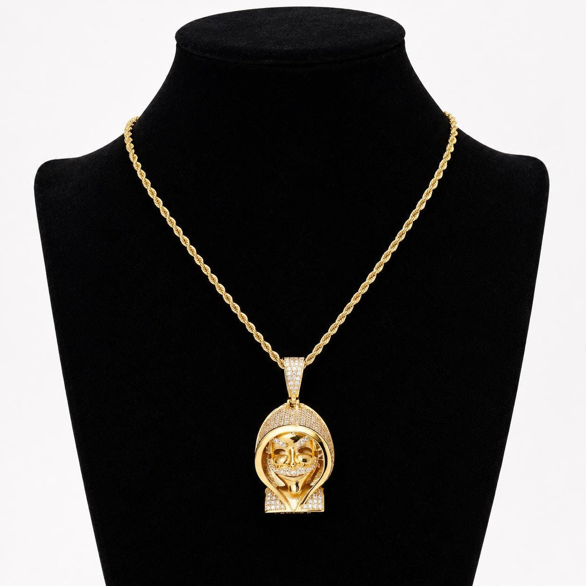 Iced Out Zircon Cloaked Skull Pendant Necklace, 18K Gold Tone, 24 Inch Rope Chain - image 5