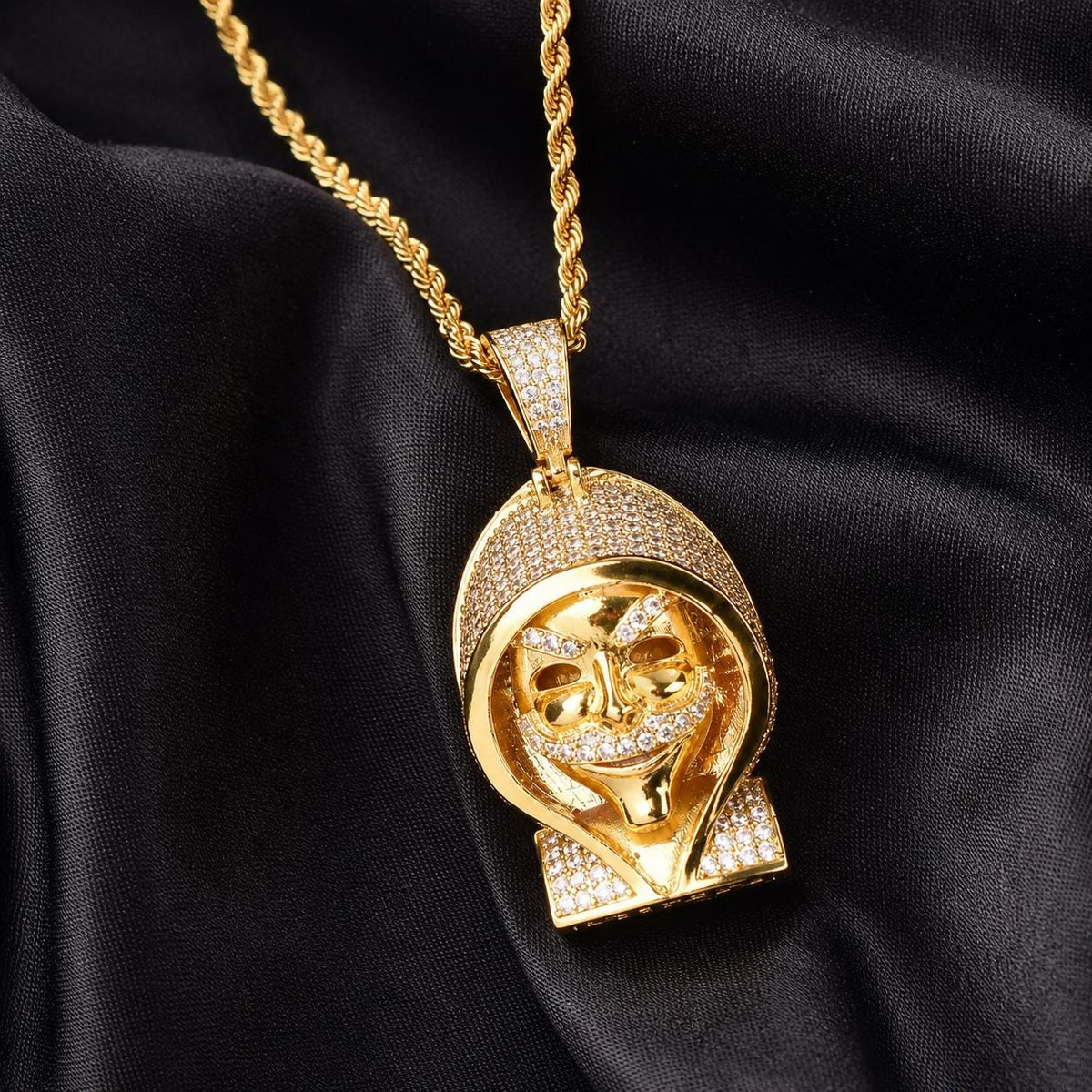 Iced Out Zircon Cloaked Skull Pendant Necklace, 18K Gold Tone, 24 Inch Rope Chain - image 4